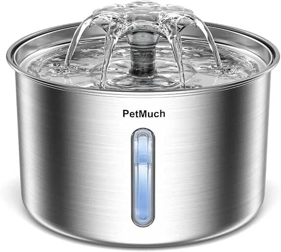 Stainless Steel Cat Fountain, 102 oz/3L Automatic Pet Fountain for Cats and Small Dogs, Ultra-Quiet Pump with White LED Light, Water Level Window