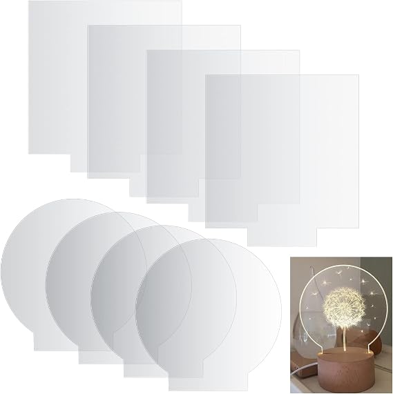 8 Pcs Clear Acrylic Set - 4 Circles Disc 4.7", 4 Square Perspex 6x6" - Transparent Plastic Blanks Signs Board Panels for LED Light Base DIY Craft