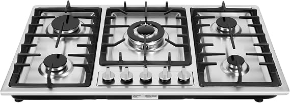 Gas Cooktop, Stainless Steel Built-in Electronic Pulse Ignition Gas Stove Top 34 Inch 5 Burners Gas Countertop Stove Top NG LPG Kitchen Cooker Hob for Domestic or Commercial Cooking