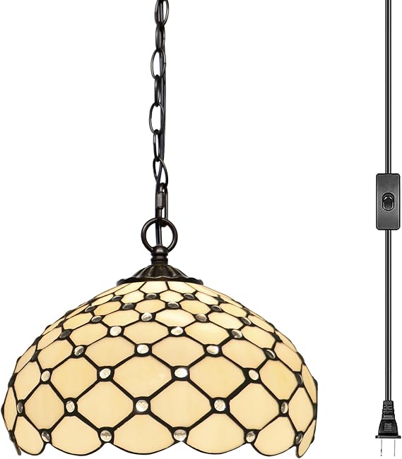 Tiffany Pendant Light Plug in Stained Glass Hanging lamp 12X12X181 Inch Hanging Lamp Living Room Bedroom Kitchen Dining Room Office(Cream Bead)