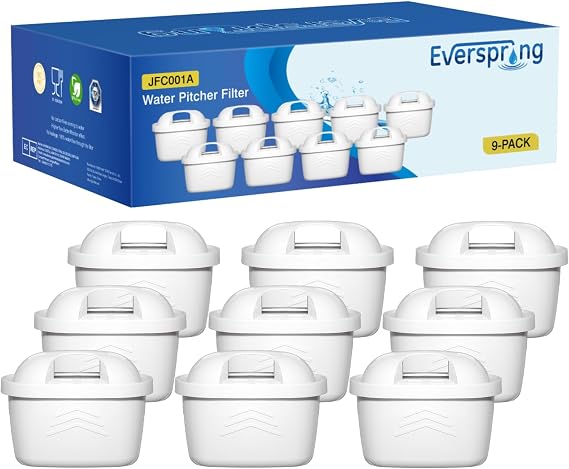 EVERSPRING Water Filter Compatible with Brita Maxtra+ Maxtra Plus Mavea Anna Duomax Filtration for Limescale Removal Reduces Impurities Pack of 9