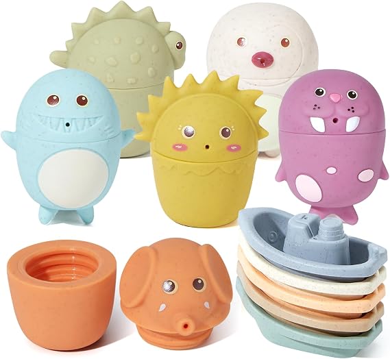 AMCHSURI Baby Bath Toys | 11PCS Mold-Free Stacking Boats & Animal Squirters | Sensory Bathtub Toys for Babies 6-12M & Toddlers 1-3Y | Water Table Pool Toys Educational Gift
