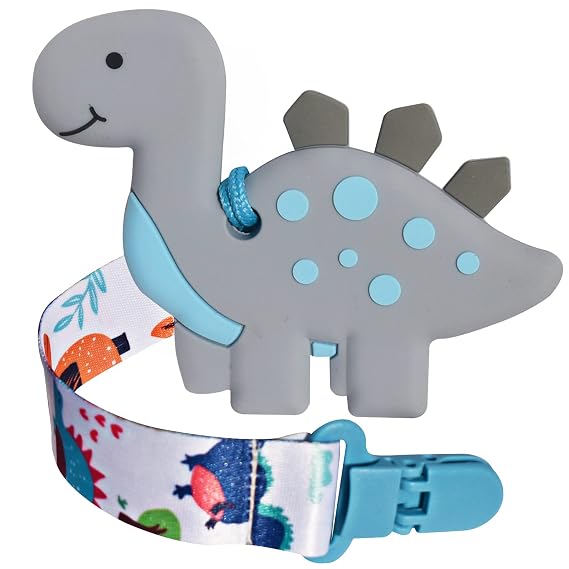 BIGSPINACH 1 Soft Dinosaur Teether for Babies and 1 Baby Pacifier Clip, Valentines Day Gifts for Baby Girl Boy,Silicone Chew Toys (Grey Dinosaur)