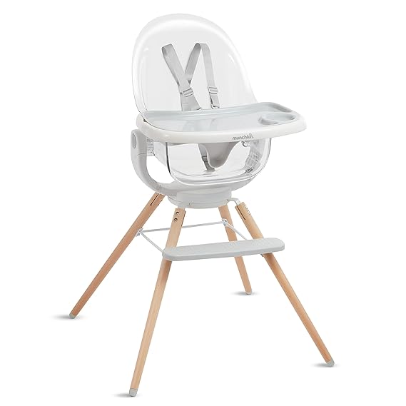 Munchkin 360 CloudTM Baby and Toddler High Chair with Clear Seat and 360 Swivel, White and Grey with Wooden Legs