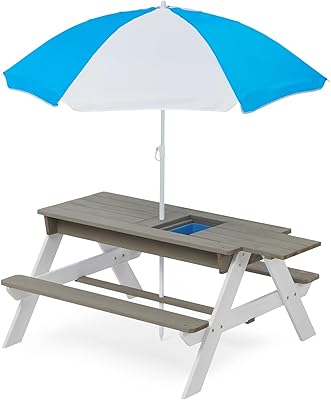3-in-1 Kids Picnic Table with Umbrella, Convertible Sand and Water Table Outdoor Picnic Table for Outdoor Backyard Patio Play