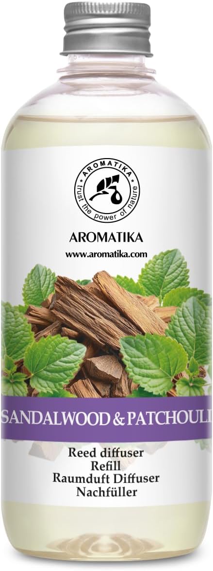 Room Fragrance Diffuser Refill Sandalwood Patchouli 500 ml - Refill with Essential Patchouli Oil - Room Fragrance - Sandal Fragrance - Diffuser - Reed Diffuser Refill Sandalwood & Patchouli