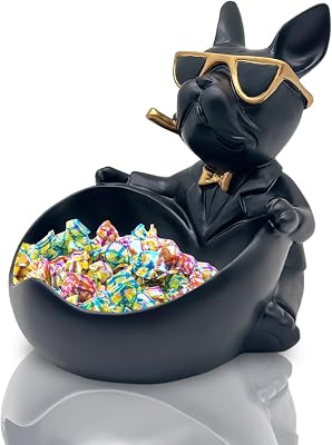 Bulldog Candy Bowl Decor, Heart-shaped Key Holder Bowl Candy Dish, Bulldog Accessories, Resin Bulldog Statue for Office Desk Home Decor Figurines Entryway Table Decor Black