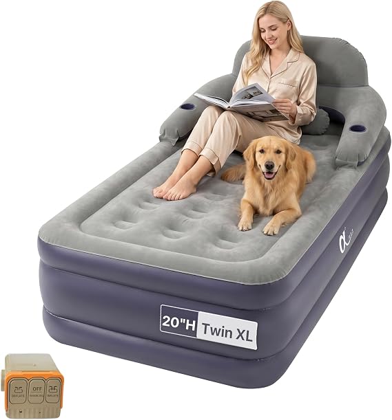 A-ER-FA Twin Air Mattress Built in Pump 20" Raised Comfort Inflatable Mattress with Headboard & Cup Holders, Fast & Easy Inflation Air Bed Twin XL Blow Up Mattress for Home, Guest, Camping, Outdoor