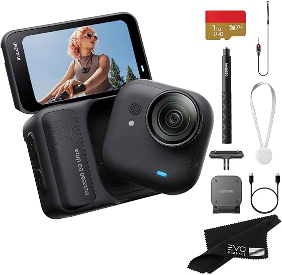 Insta360 GO Ultra Standard Bundle Midnight Black- Tiny Mighty Hands-Free 4K Cam, Lightweight, Low Light Excellence, Mount Anywhere| Bundle Includes Selfie Stick, Quick Release Mount, 1TB Card