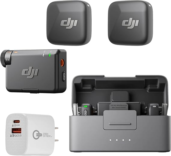 DJI Mic Mini (2 TX + 1 RX + Charging Case), Ultralight, 48h Use, Noise Cancelling, Automatic Limiting, Wireless Microphone for Camera/iPhone/Android, Vlog, Streaming + 20W 2-Port Wall Charger