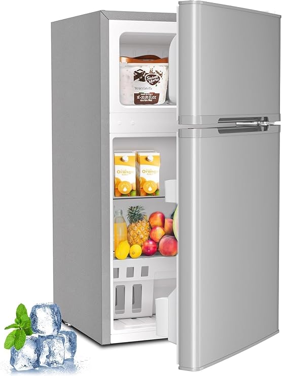 Kismile Mini Fridge with Freezer, 3.2 Cu.Ft Compact Mini Refrigerator with Double 2 Door, Adjustable Temperature, Full Size for Bedroom/Apartment/Office/Dorm, Grey