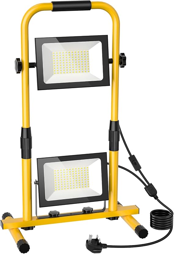 200W LED Work Light, 20000LM Job Site Light with Metal Telescopic H Stand, IP66 Waterproof Portable Floodlight 6500K Cold White with 9.8ft Cord Plug & Switch for Workshop Garage Construction [Energy Class F]