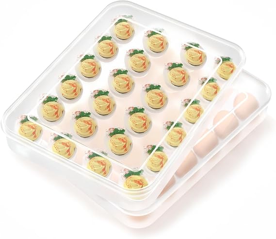 Newness Deviled Egg Containers with Lid, (Set of 2), Plastic Egg Platter for 48 Devil Eggs, Clear Storage Deviled Egg Carrier, Fridge Stackable Countertop Portable Egg Tray
