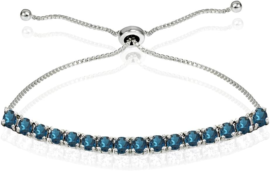 Sterling Silver Bracelets for Women, Birthstone Bracelet, 3mm Round Cut Genuine or Synthetic Gemstone Bracelet, Chain Adjustable Pull-String Bolo Slider, Bracelets for Women Trendy, Tennis Bracelet