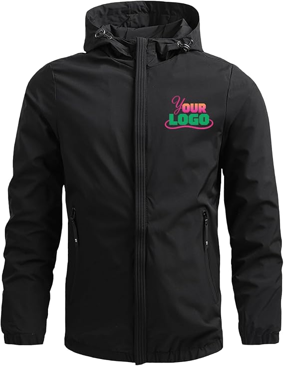 Custom Mens Windproof Hooded Jacket Softshell Windbreaker with Pockets Personalized Spring Fall Work Coat