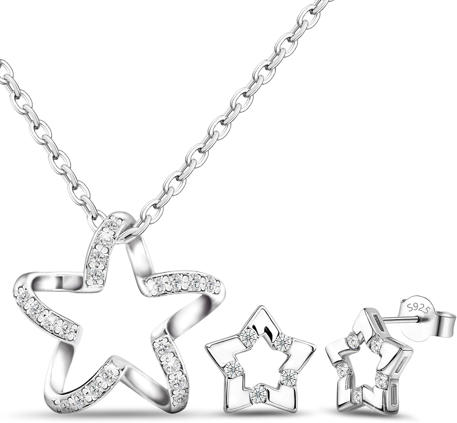 Trendy Star Stud Earrings & Sterling Silver CZ Pendant Necklace - Dainty Crystal Cartilage Earrings & Charm Necklace Everyday Jewelry Gifts