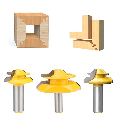 HUHAO 3PCS 45 Degree Lock Miter Router Bit Set 1/2 Inch Shank for 13/16",1",9/16" Cutting Height Joint Router Bits for Creating Lock Miter Joint