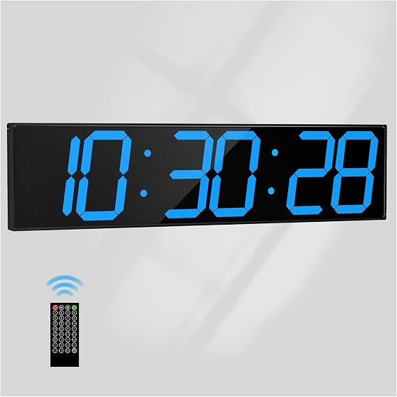 CHKOSDA Digital Wall Clock with Large Display, 28.4LED 6-Digit Large Digital Clock with Adjustable Brightness, Multifunction Gym Clock with Countdown,Stopwatch and Workout Interval Timing (Blue)