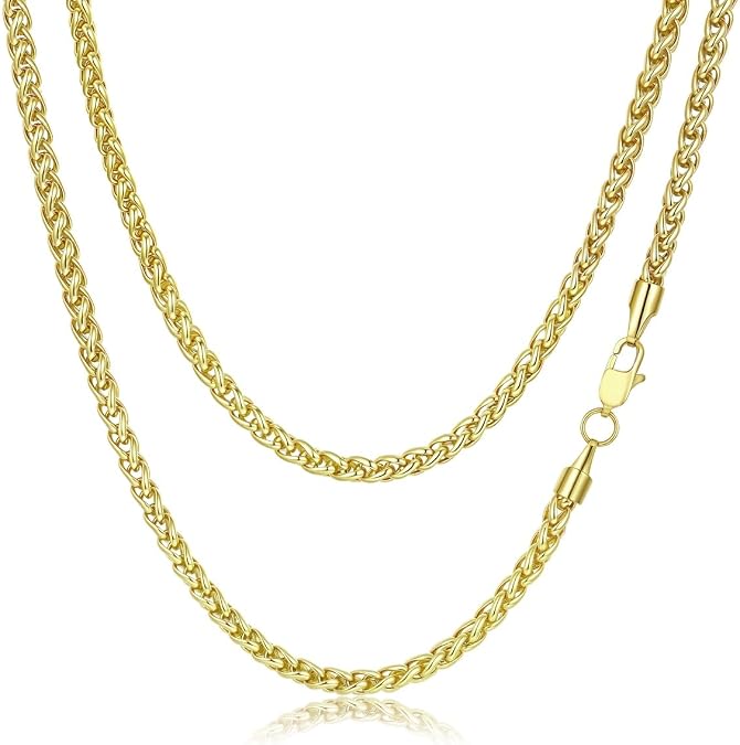 FOSIR Wheat Chain Necklace for Men, Gold Plated Necklace, 14K Gold Plated Chain Stainless Steel Necklaces for Men and Women, 2.5mm/3mm/4mm/5mm Width