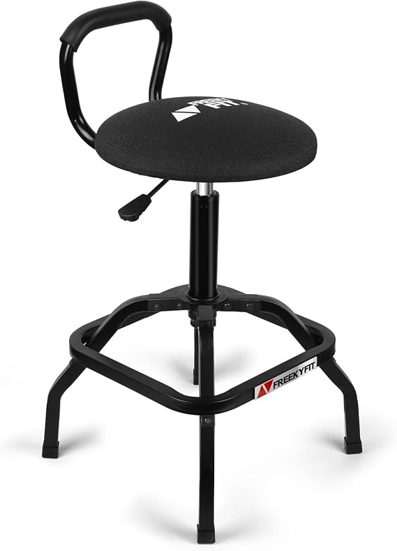 Shop Stool Chair with Backrest, Adjustable Bar Stool for Garage Work, Mechanic Workbench Stool, Padded Workshop Stool with NBR Handle, 300 LBS Capacity, 360° Swivel Seat, Heavy Duty, Black
