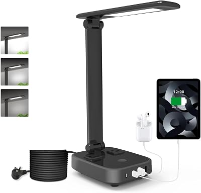 Yostyle LED Desk Lamp with 4 USB Charging Ports and 2 AC Outlets,5ft Extension Cord Power Strip Station, 3 Level Brightness, Touch Dimmer Control, Office Table Eye Care Lamp Bedroom Hotel