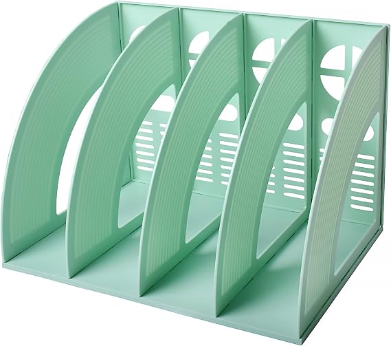 Marte Vanci Magazine File Holder, Sturdy Desk File Organiser Plastic Book Holder Desktop Magazine Rack A4 Paper Document Folder Shelf Divider Office Cabinet Storage Organiser Green 4 Compartments