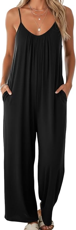 Buauty Jumpsuits for Women Casual V Neck Adjustable Strap Wide Leg Loose Romper with Pockets Beach Vacation Outfit