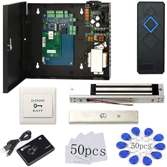 1 Door Proximity RFID Card Access Control System with 600lbs Magnetic Lock 110V Power Supply Box RFID Reader Push to Exit Button USB Enroll Reader Card & Key Fob APP Remotely Open Lock