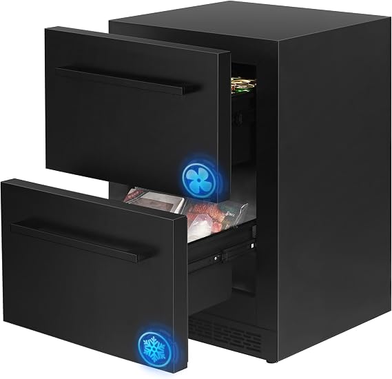 24Inch Double Drawer Refrigerator with Freezer,Under Counter Beverage Fridge for Indoor Outdoor Kitchen, Waterproof Black Stainless Steel Freezer for Freshness & Freezing Meat (-0.4F to 50F)