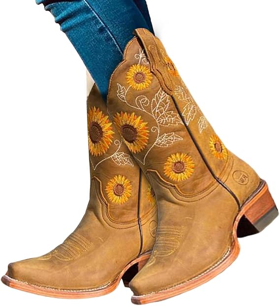 Women's Cowboy Boots | Vintage Floral Embroidered Cowboy Boots | Square Toe and Block Heel Riding Boots, Comfortable Walking Boots for Girls and Women