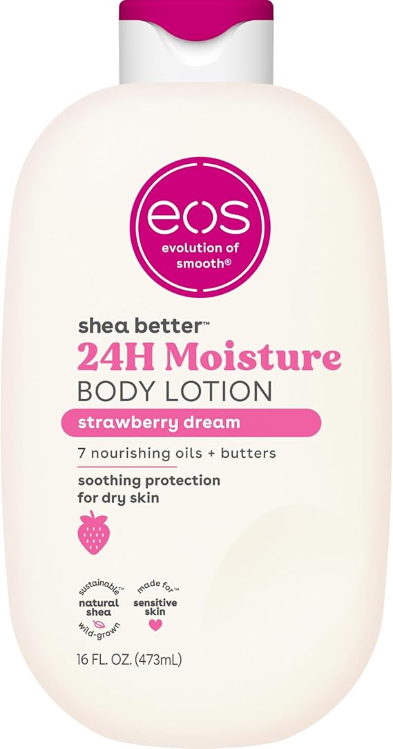 eos Shea Better Vücut Losyonu - Çilek Rüyası, 24 Saat Nem Cilt Bakımı, Hafif ve Yağsız, Doğal Shea ile Yapılmıştır, Vegan, 16 fl oz