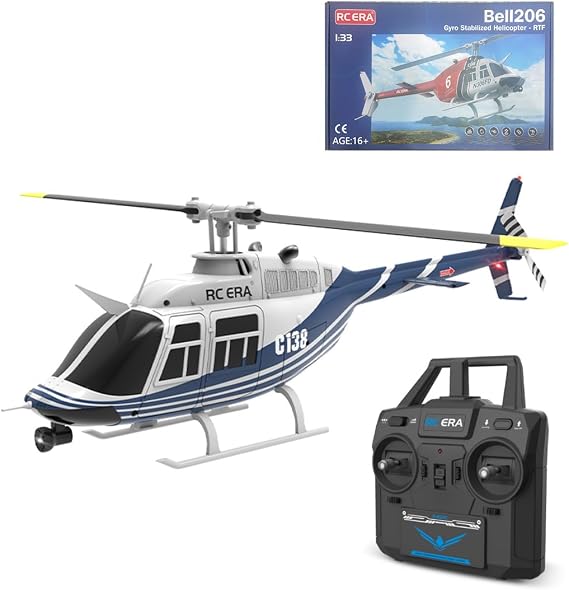 RC Helicopter, BELL 206 6CH Single-Rotor No-Aileron, Altitude Hold, 1/30 Scale, 2.4G 6CH, Military Aircraft, Blue White, Ages 16+