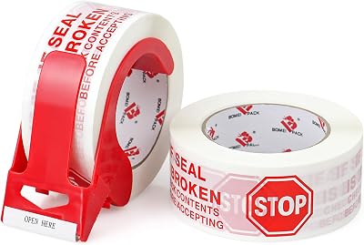 BOMEI PACK Stop Sign Sealing Tape,Pre-Printed IF Seal is Broken Check Contents Before Accepting Packing Tape with Dispenser 2 Inch x 110 Yards Heavy Duty Shipping Tape for Moving,Sealing
