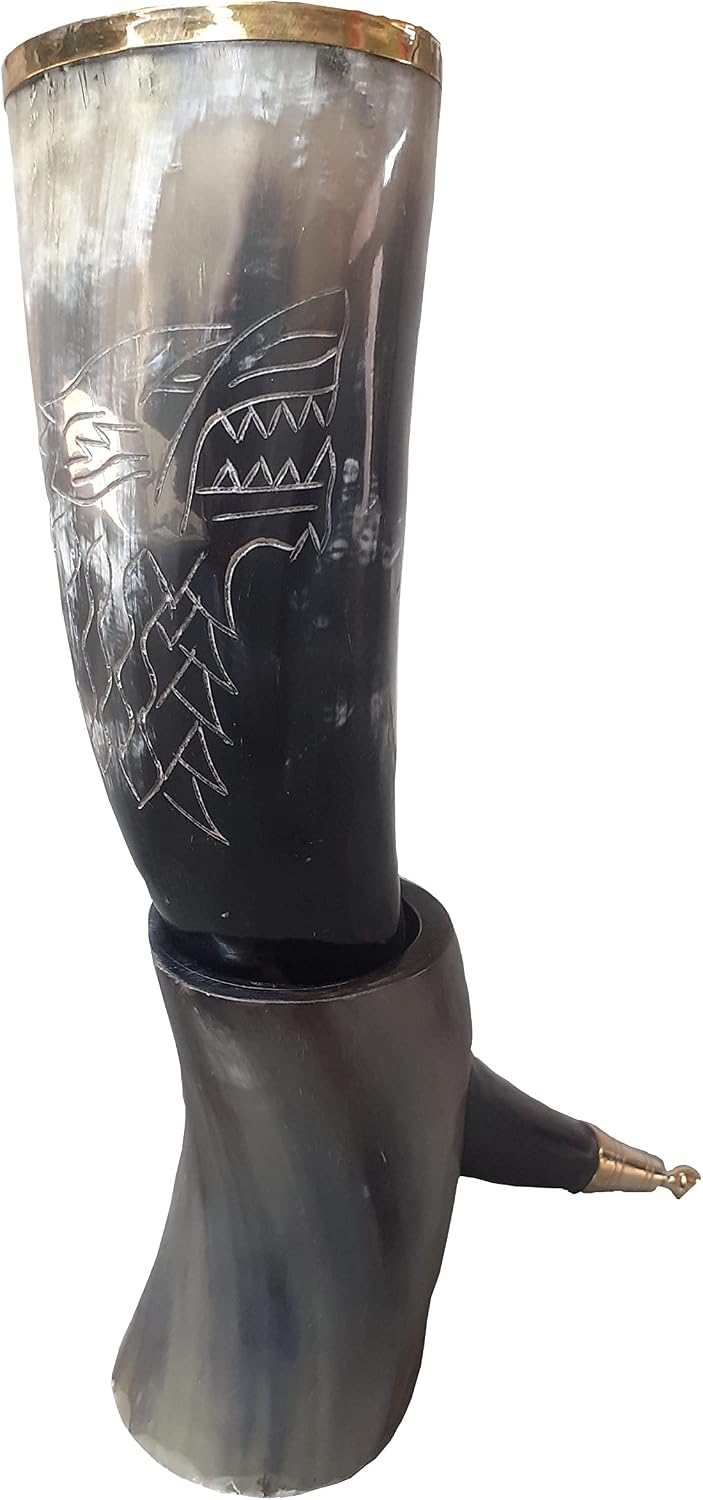 THE ANTIQUE HOUSE Wolf Engraving Ox-Horn Viking Drinking Horn Mug with Stand & Brass Rim Halloween Party Gift