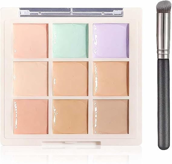 9-Colour Correction Concealer Palette for Neutralising Redness, Dullness, Uneven Skin Tone - Creamy, Blendable Formula with Brush for Touch-Ups (01#Soft Pastel)
