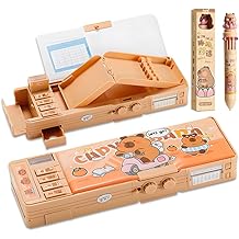 Cute Capybara Themed Stationery Set, Multi-Functional Password Pencil Case with Lock and 12-Color Retractable Ballpoint Pen, Orange Car Print Pencil Box for Kids, Ideal for School and Gifting