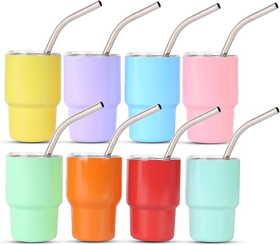 Renkli Kollu 6 Paket Mini Bardak, 3 Oz Mini Bardak Kamışlı, Kapaklı ve Akrilik Zincirli, Bekarlığa Veda Partisi Sıcak ve Soğuk için Küçük Paslanmaz Çelik Yalıtımlı Süblimasyon Shot Bardakları