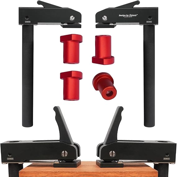 2 Pack Large MFT Bench Holdfast Clamps with 4 Bench Dogs, 20mm Desktop Quick Acting Hold Down Clamp Adjustable Fast Fixed Clip, Aluminum Alloy Benchtop Quick Clamps for Wood Carving, Routing, Sanding