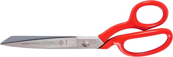 Mundial 8-Inch Industrial Forged Bent Trimmer Dressmaker Scissors, Micro-Serrated Carbon Steel Blades, Nickel-Plated, Ergonomic Red Handles
