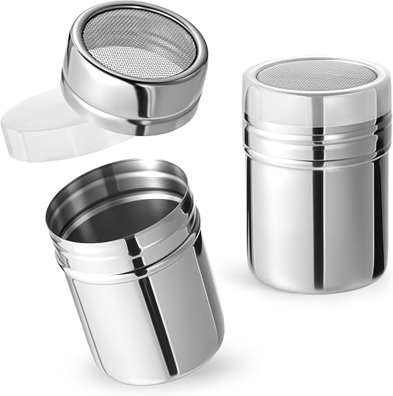 HANSGO Powdered Sugar Shaker Duster, 2PCS Stainless Steel Cinnamon Shaker for Coffee Bar, Fine Mesh Dredge, Salt and Pepper Shakers for Soda, Cocoa, Cornstarch, Seasoning, 6 Ounce, with Lid