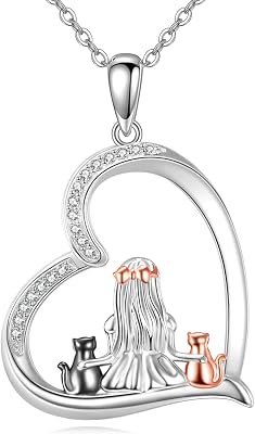 Cat Necklace Sterling Silver Cat Heart Pendant Animal Jewelry Gifts for Women Men Cat Lover