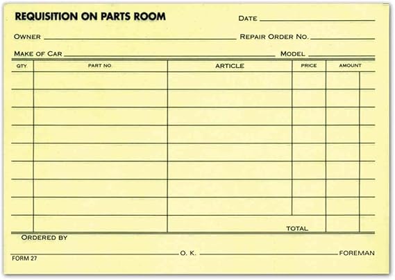 Donkey Auto Products Requisition on Parts Room (1-Part, Yellow) (Car Service Form) (100 Per Pad)