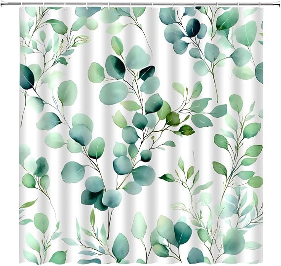 Green Eucalyptus Leaf Shower Curtain Watercolor Green Leaves Spring Botanical Farmhouse Rustic Plants Fabric Bathroom Decor Curtains with Hooks,70 x 70