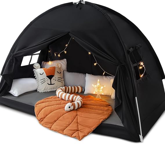 Full Size Bed Canopy Bed Tents Dream Tent on Bed Privacy Space Blackout Sleeping Tents Indoor Breathable Portable Cottage Drafty Room Floor Bed Tents (Large Black)
