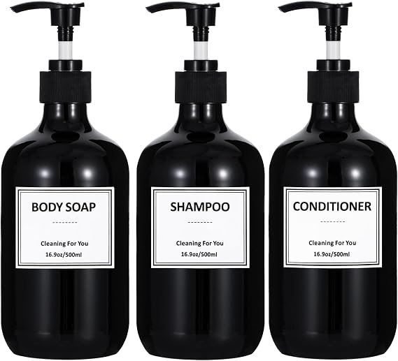 Yeeco 16.9oz/500ml Hand Soap Dispenser, Plastic Pump Bottles Dispenser with Waterproof Labels, Shampoo and Conditioner Dispenser for Liquid Soap, Kitchen, Bathroom, Commercial (3 Pack Black)