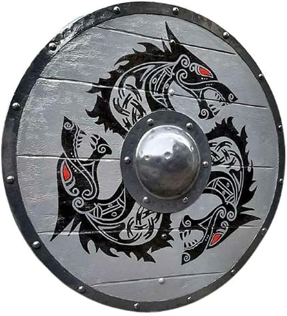 Viking Medieval Round Wooden Dragon Shield Heavy Metal Fitted Handmade 24 Inches
