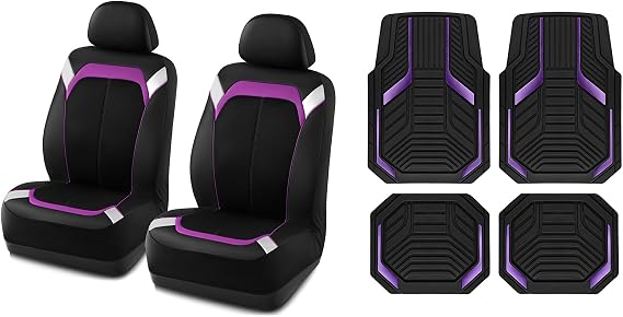 PIC AUTO Purple Aluminum Film Car Mats Set, Silver & Purple Leather with Breathable Mesh Seat Cover for Cars