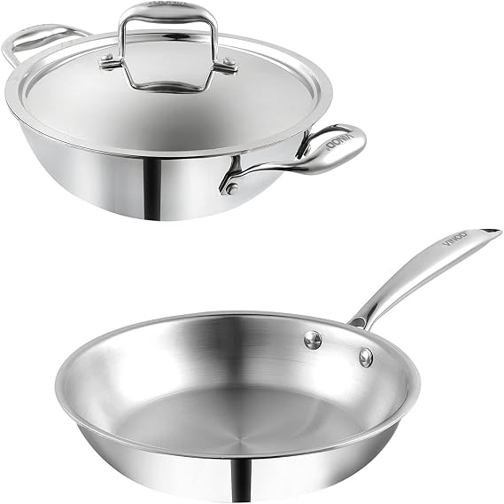 Vinod Platinum Triply Stainless Steel Cookware Combo Set of 2 | 1.5 Litre Kadai (20cm), 20 cm Frypan | Extra Deep Kadai with Lid for Cooking | Induction Cookware