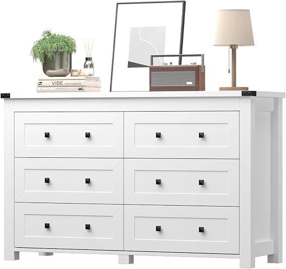 HUANLEGO White Dresser for Bedroom, 47.3" Modern Dresser for Closet TV Stand, 6 Drawer Wood Dressers & Chest of Drawers with Black Knobs, Wide Closet Storage Organizer for Living Room, Hallway
