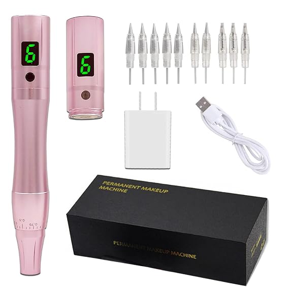 Permanent Makeup Pen Tattoo Rotary Machine Includes 1 Battery 10PCS Needles For Eyebrows,Eyeliners, Lips And Small-Tattoo RB901 Rose Gold